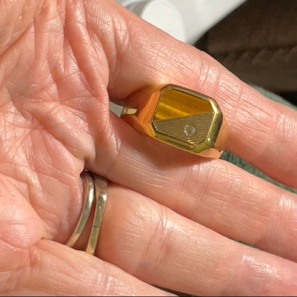 Avon 18K Hard Gold Electroplated Tigers Eye Sparkly Stone Signet Ring Vintage - Picture 11 of 16